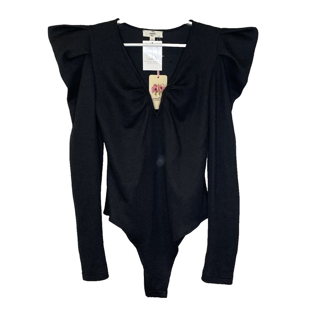 entro Bodysuit Womens Large Black Knit V-Neck Long Sleeve Pleated Shoulder NEW